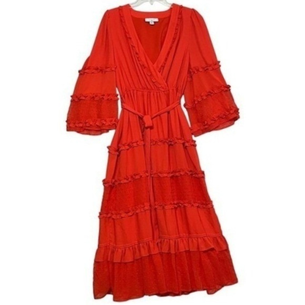Alexis Red Tiered Ruffle Midi Dress Medium Bell Sleeve V-Neck